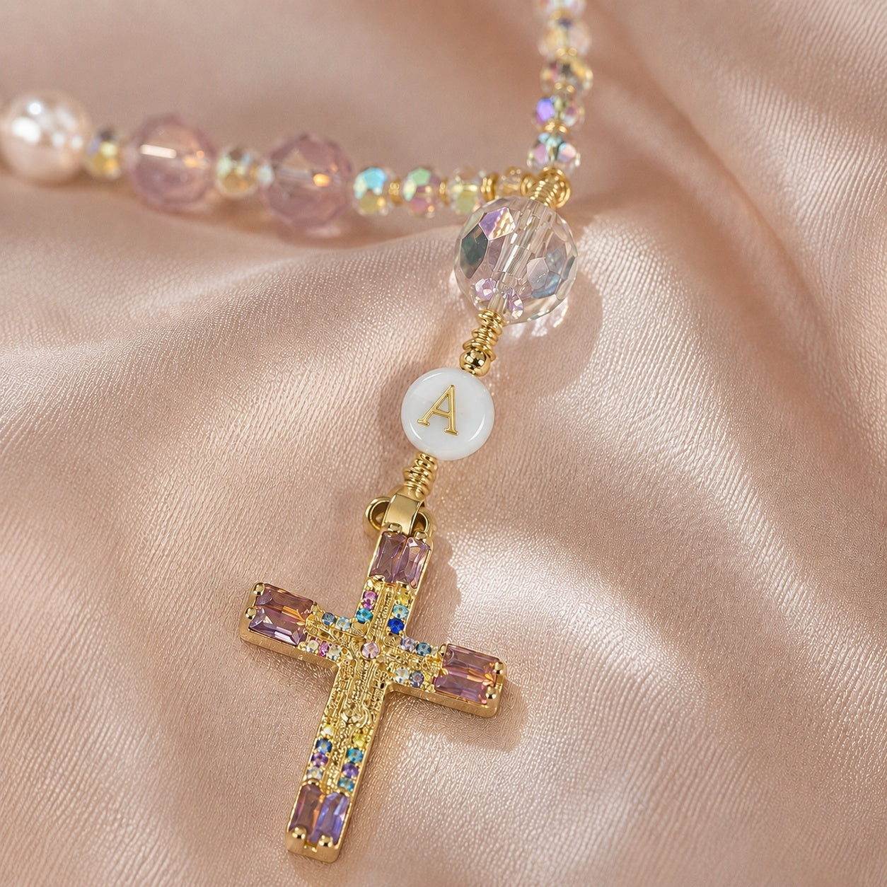 Pink Crystal Catholic Car Rosary, Steering Wheel Rosary, Personalized Initial Car Charm, Gold Crucifix, Driver Gift