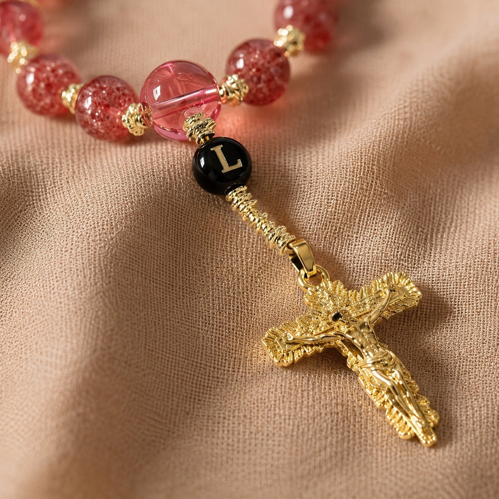 Red Catholic Car Rosary, Steering Wheel Rosary, Personalized Initial Car Charm, Gold Crucifix, Driver Gift