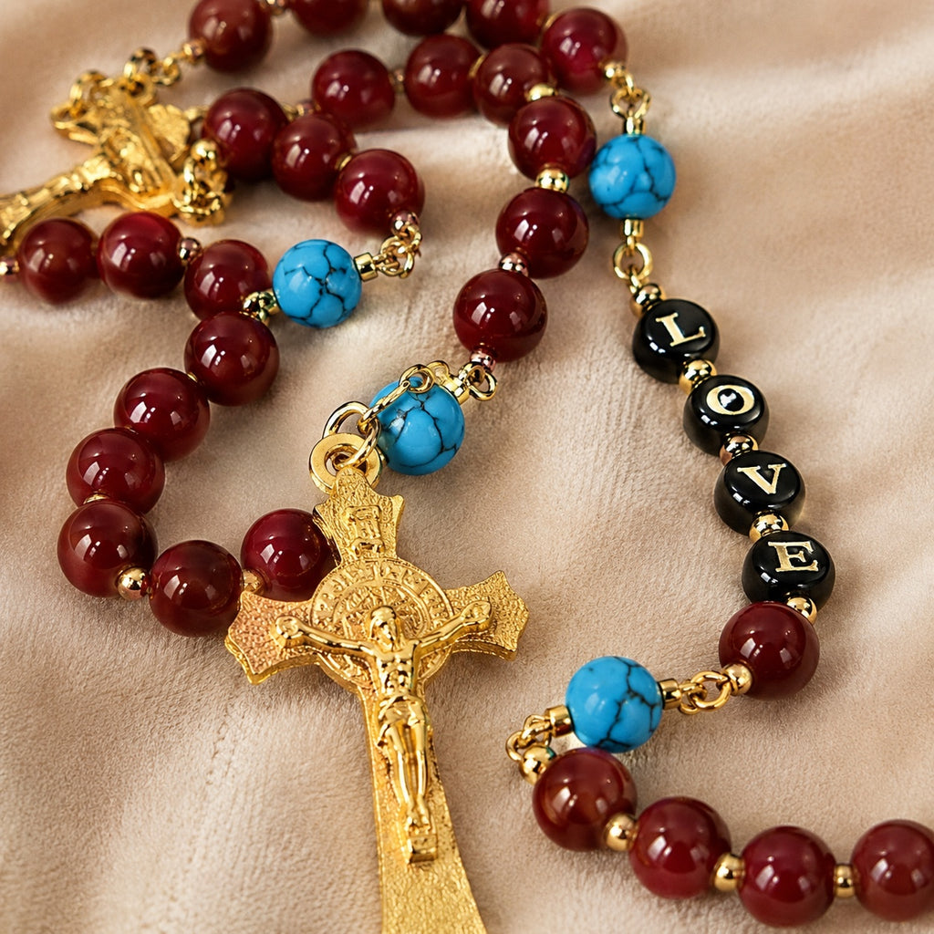 Red Catholic Rosary Beads with Gold Crucifix, Handmade Prayer Beads with Turquoise Accent, Confirmation Baptism Gift for Her