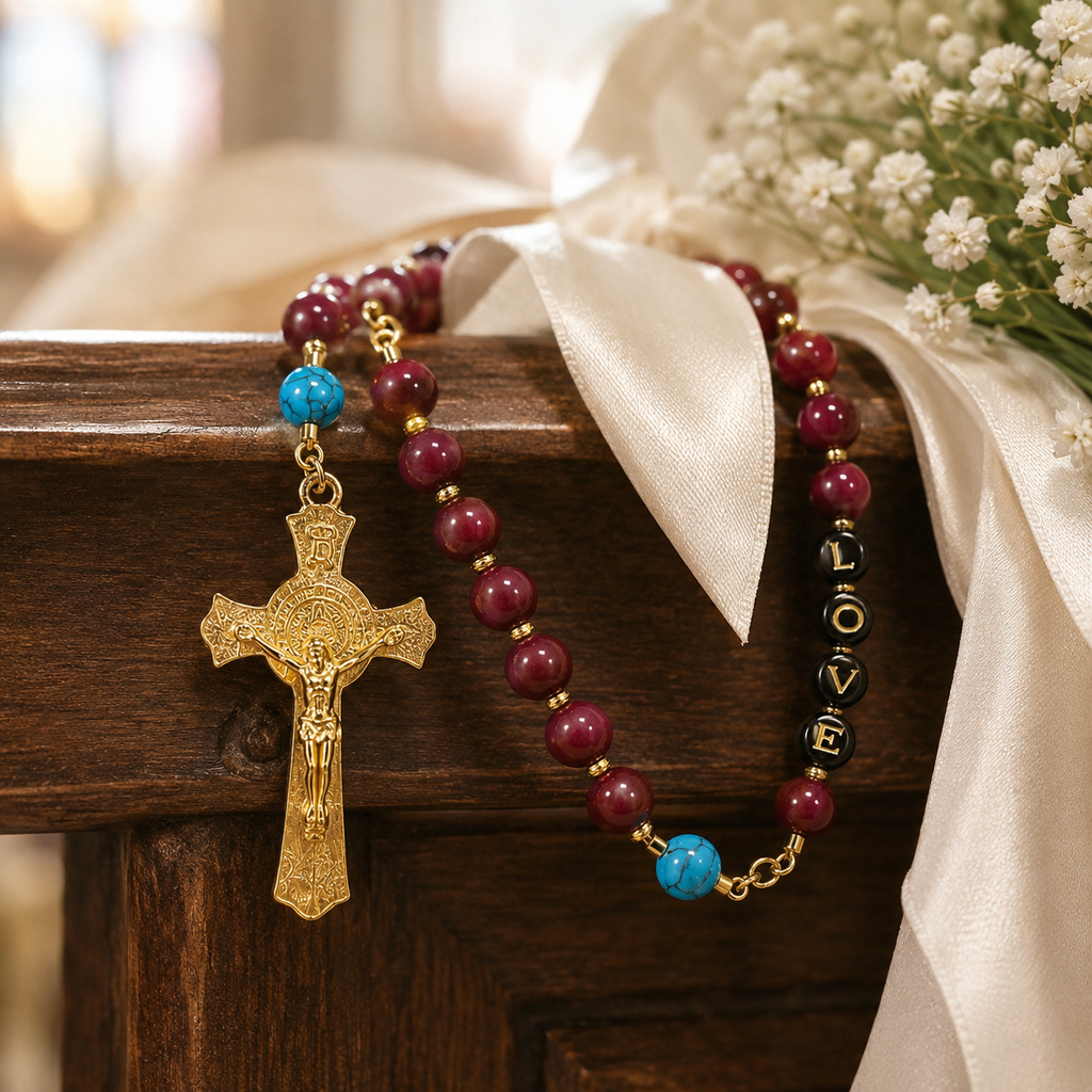 Red Wedding Rosary Beads for Bride, Catholic Bridal Bouquet Prayer Beads with Gold Crucifix, Love Rosary Wedding Gift