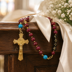 Red Wedding Rosary Beads for Bride, Catholic Bridal Bouquet Prayer Beads with Gold Crucifix, Love Rosary Wedding Gift