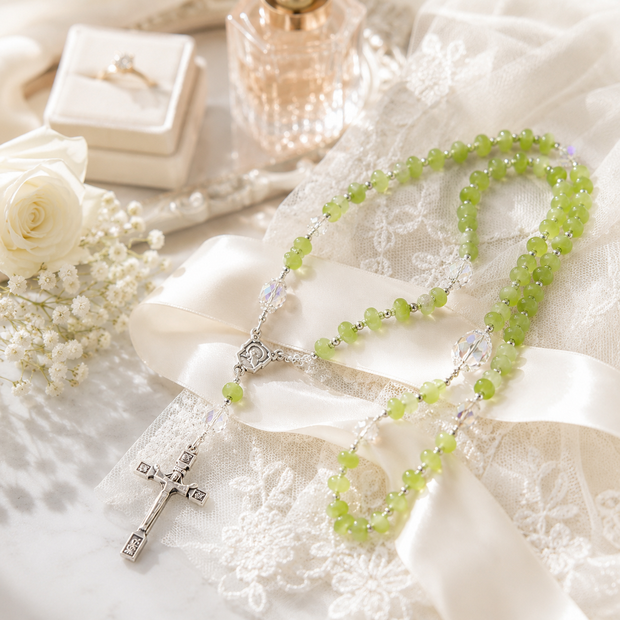 Green Wedding Rosary Beads for Bride, Catholic Bridal Bouquet Prayer Beads with Silver Crucifix, Wedding Keepsake Gift