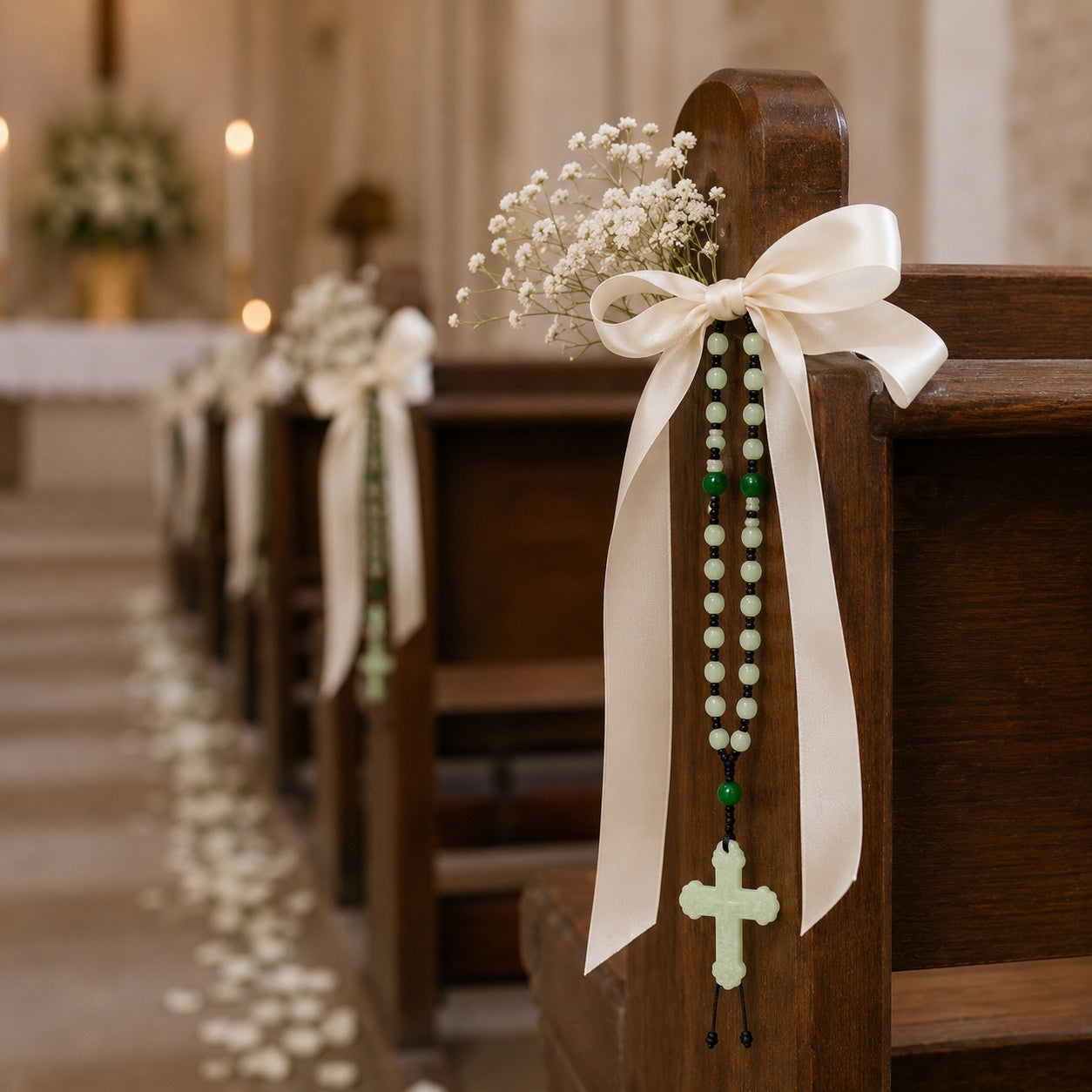 Sage green Catholic rosary beads with a cross pendant arranged as a bridal wedding accessory, perfect for bouquet decoration, prayer, and religious keepsake.