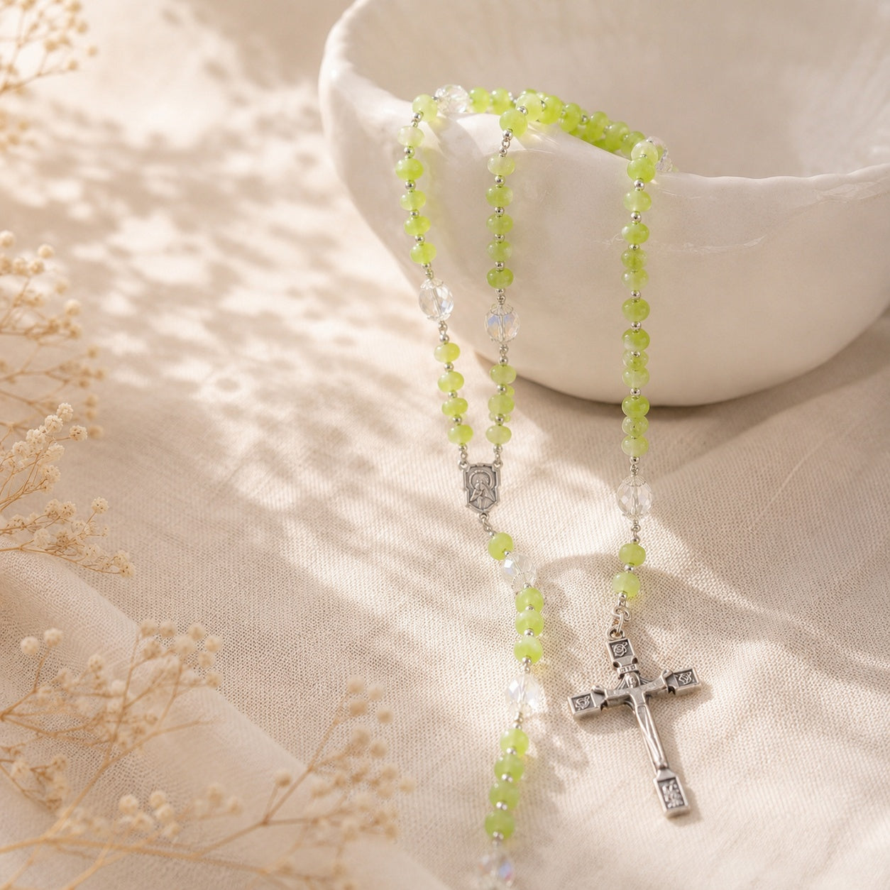 Green Catholic Rosary Beads with Silver Crucifix, Handmade Crystal Prayer Beads, Baptism First Communion Confirmation Gift for Her