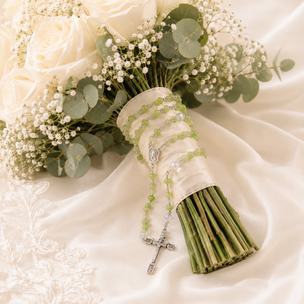 Catholic bridal bouquet rosary with green prayer beads, silver-tone crucifix, and elegant wedding floral styling