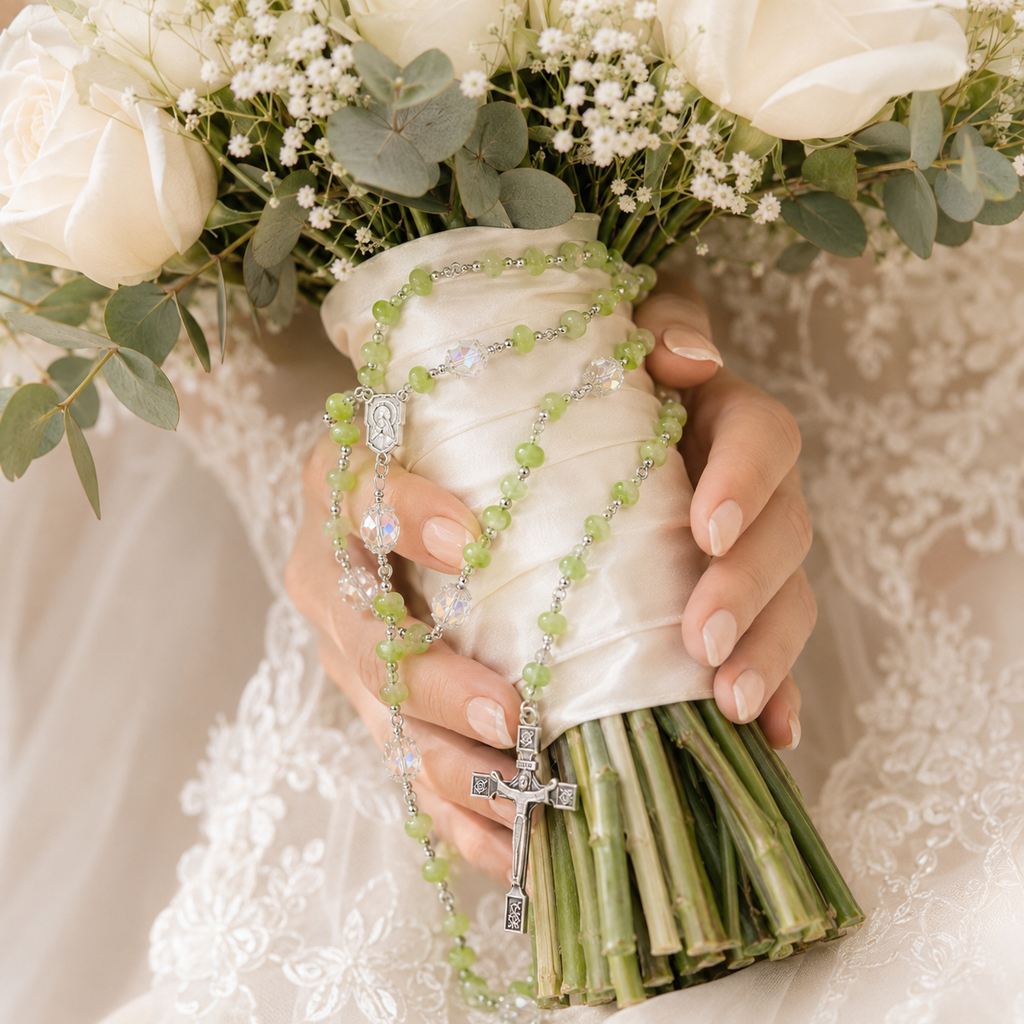 Green wedding rosary for bride with silver crucifix, Marian medal, and crystal accents styled on soft bridal lace