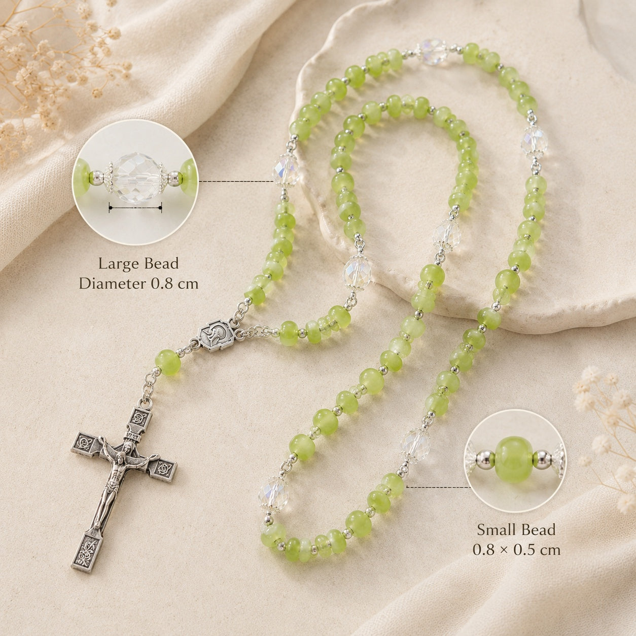 Green Wedding Rosary Beads for Bride, Catholic Bridal Bouquet Prayer Beads with Silver Crucifix, Wedding Keepsake Gift