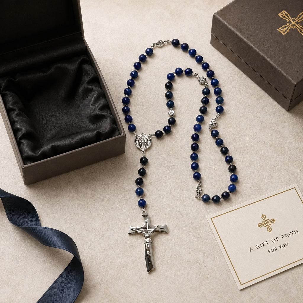 Something Blue bridal and groom rosary featuring blue gemstone-style beads, silver Catholic crucifix, and elegant wedding keepsake styling.