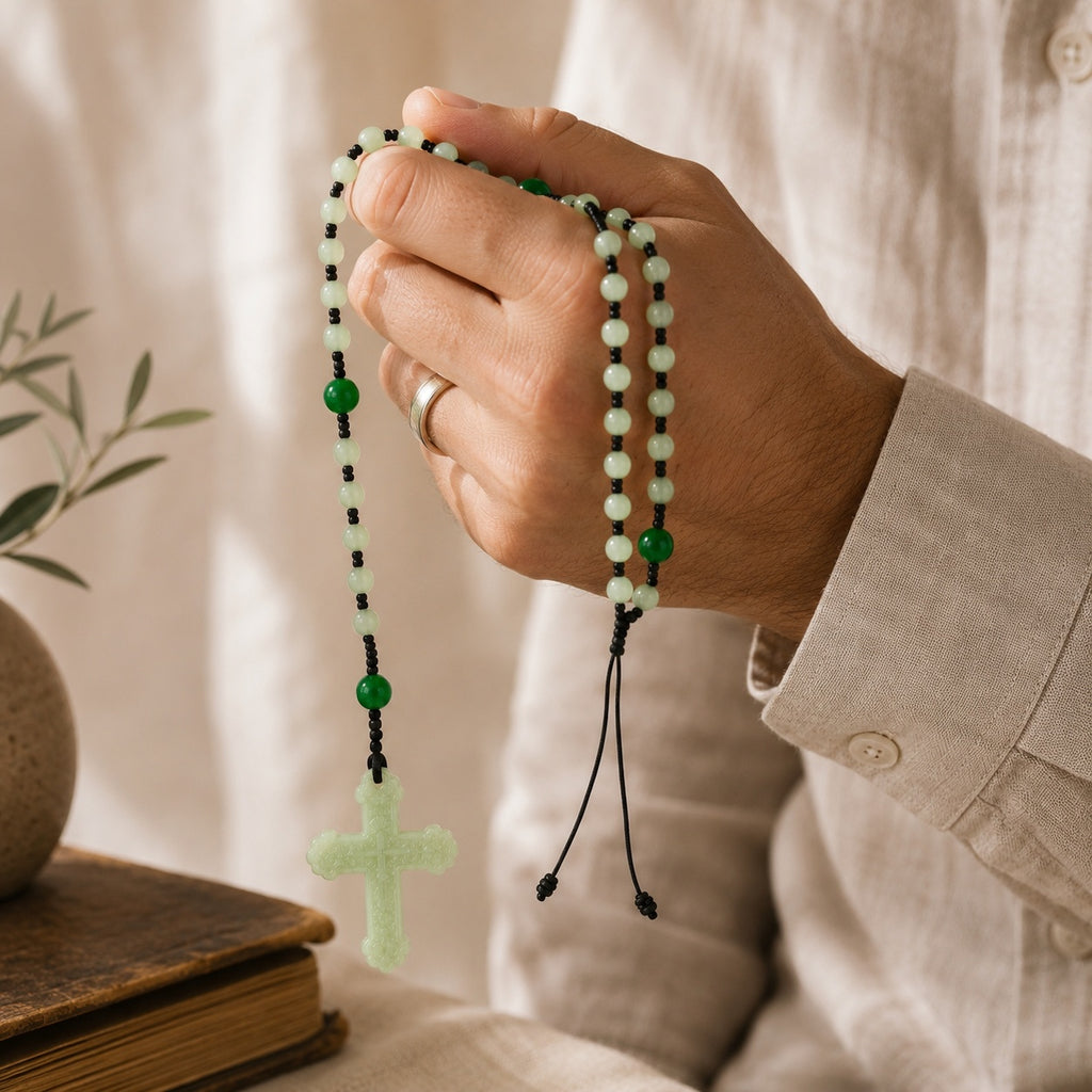 Catholic Wedding Rosary for Groom, Green Jade Style Prayer Beads, Men’s Religious Wedding Gift, Marriage Blessing Keepsake