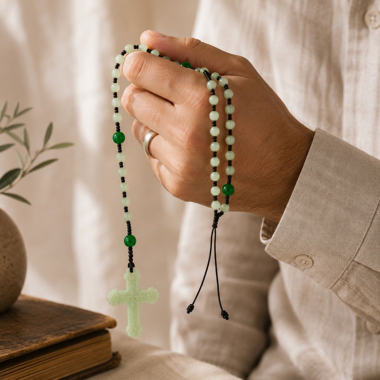 Catholic Wedding Rosary for Groom, Green Jade Style Prayer Beads, Men’s Religious Wedding Gift, Marriage Blessing Keepsake
