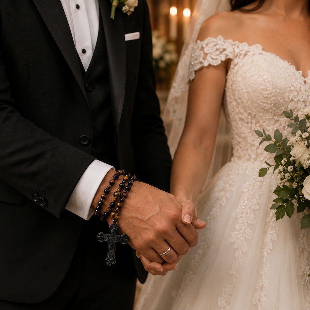 Men's black Catholic rosary worn by a groom on his wedding day, symbolizing faith, marriage blessing, and a lifelong commitment in a church wedding ceremony.