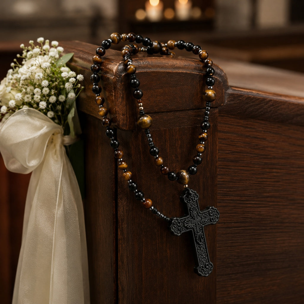 Catholic wedding rosary for men displayed in a church setting, a meaningful groom gift representing prayer, love, faith, and marriage blessing.