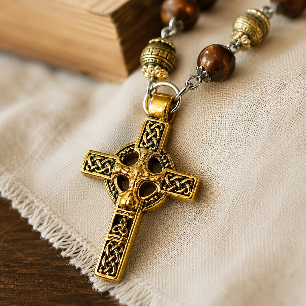 Natural Stone Catholic Rosary for Men, Handmade Prayer Beads with Celtic Cross, Traditional Christian Gift for Him