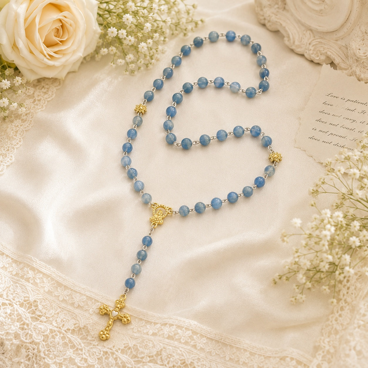 Something Blue wedding rosary hanging on a church pew with white ribbon and flowers, a Catholic bride gift for marriage blessing