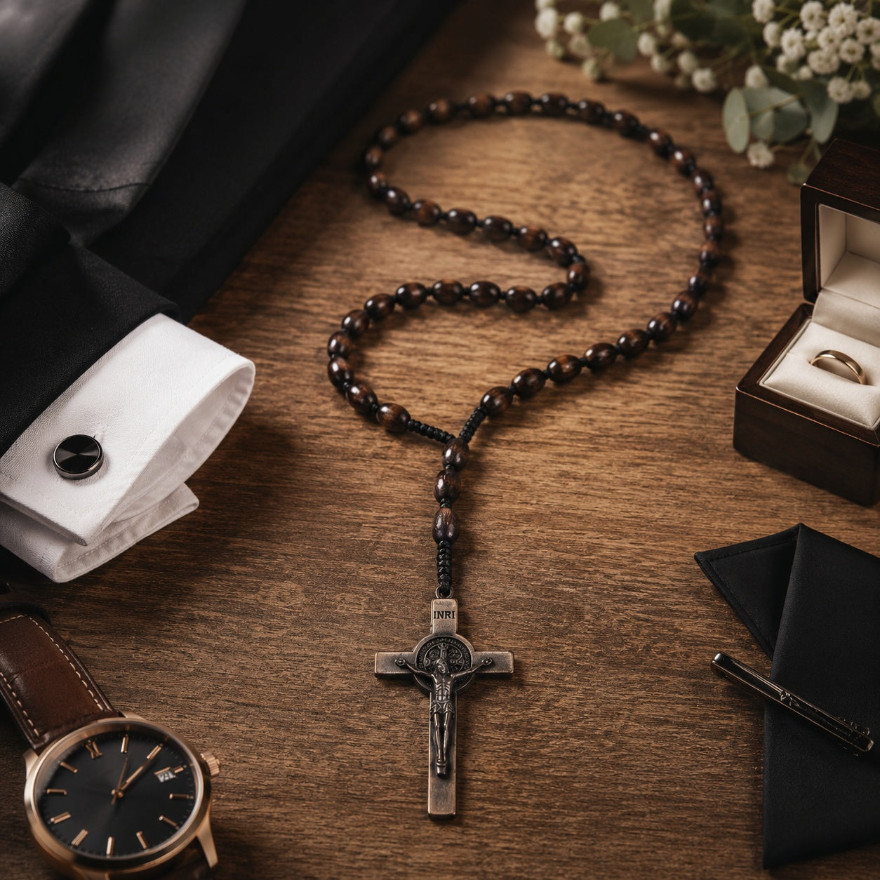 Men's Olive Wood Catholic Rosary, Handmade Prayer Beads with Crucifix, Traditional Christian Gift for Men