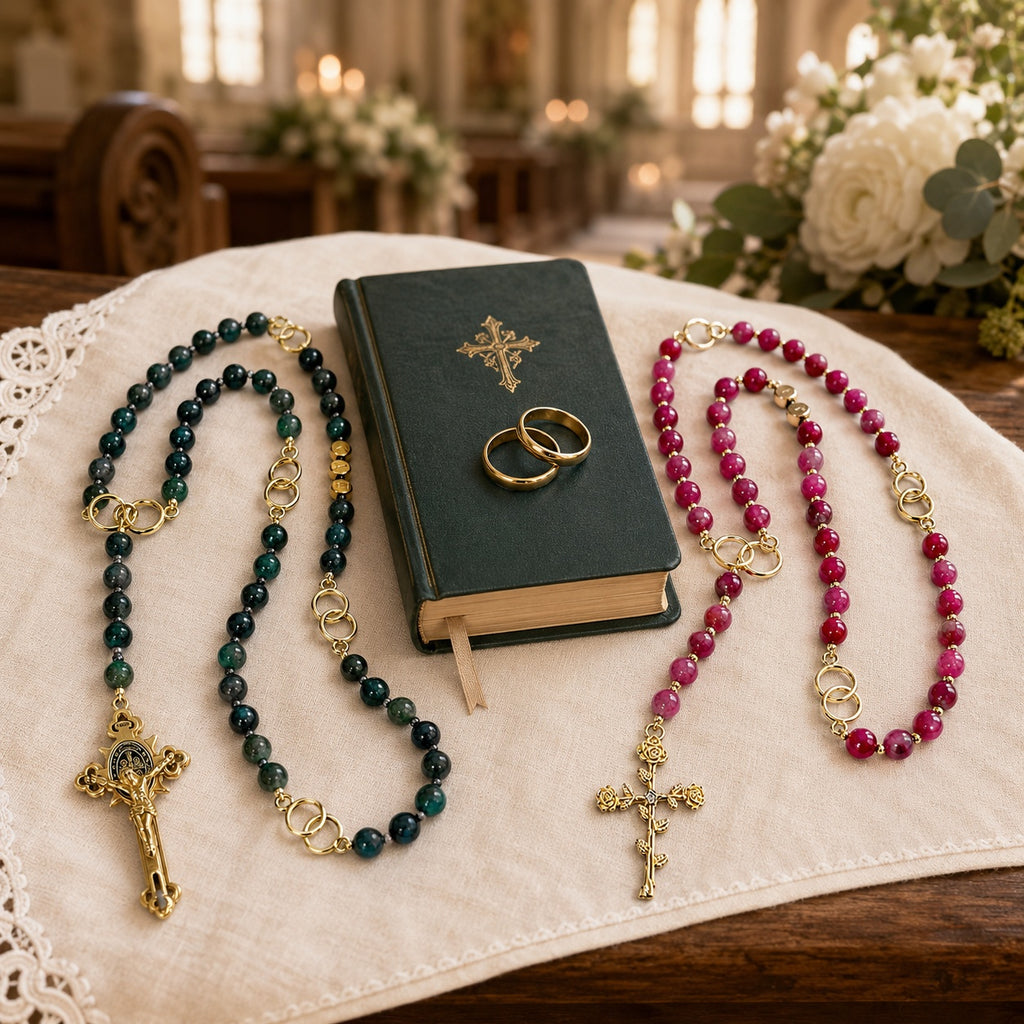 Natural Stone Catholic Wedding Rosary Set, Bride and Groom Matching Rosaries, Gemstone Prayer Beads, Christian Marriage Gift