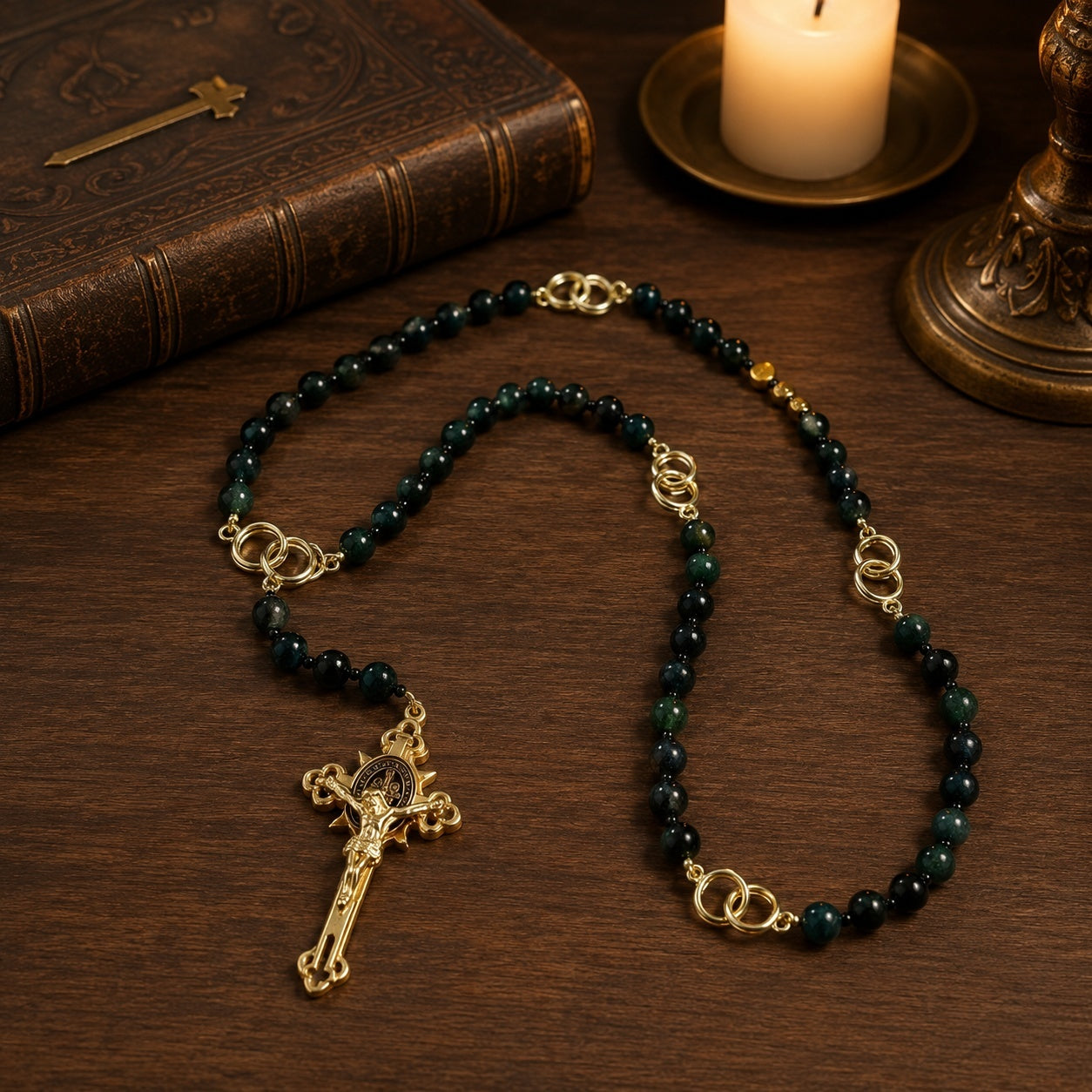 Handmade men's Catholic rosary with green beads and gold crucifix, meaningful Christian faith gift for fathers, husbands, and believers
