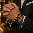 Catholic Wedding Rosary for Groom, Men's Black Rosary with Tiger Eye Beads, Christian Wedding Gift, Marriage Blessing Keepsake