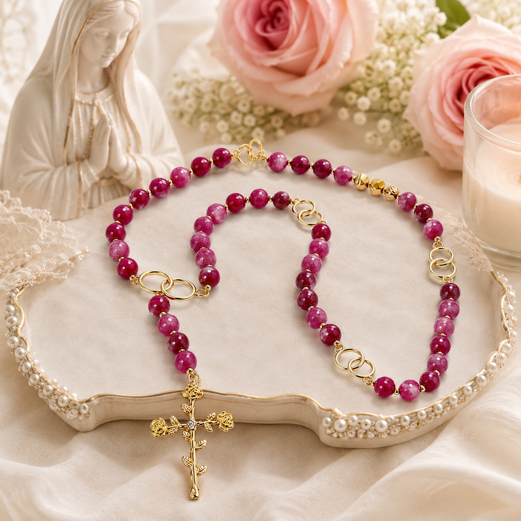 Pink gemstone Catholic rosary beads handmade for women, traditional prayer beads with elegant crucifix and devotional design