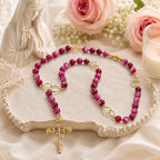 Pink gemstone Catholic rosary beads handmade for women, traditional prayer beads with elegant crucifix and devotional design