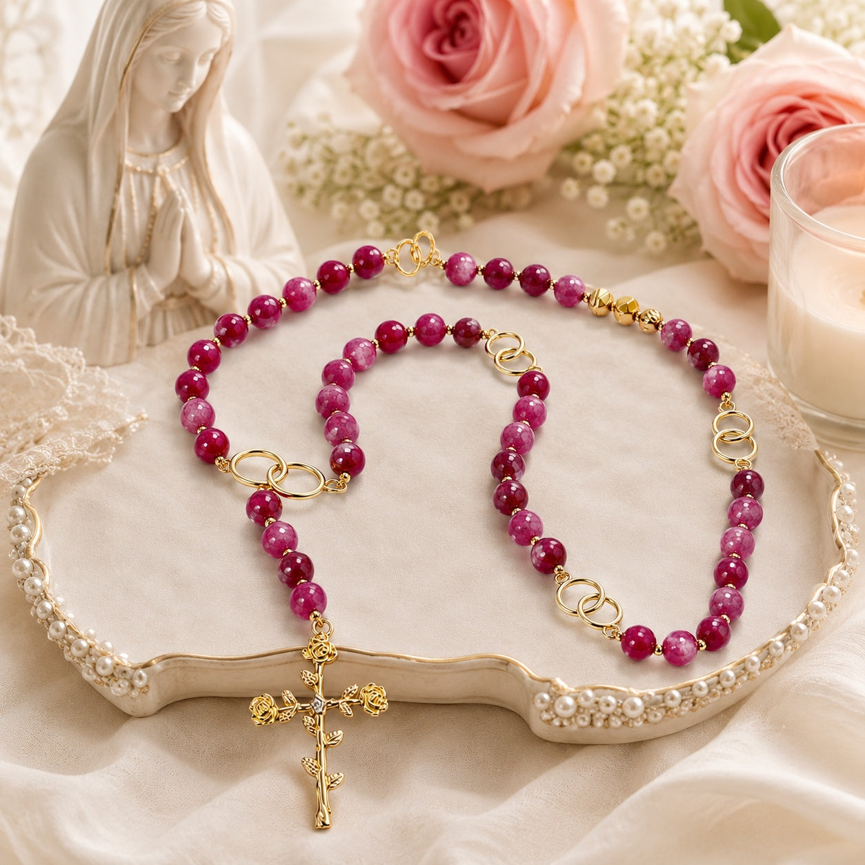 Pink gemstone Catholic rosary beads handmade for women, traditional prayer beads with elegant crucifix and devotional design