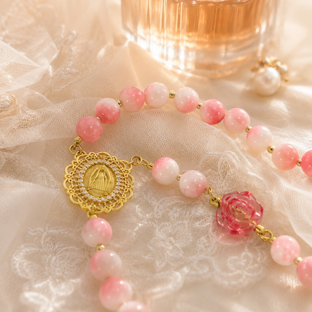 Pink Bridal Rosary, Catholic Wedding Rosary, Bride Gift, Virgin Mary Rosary, Bridal Bouquet Prayer Beads