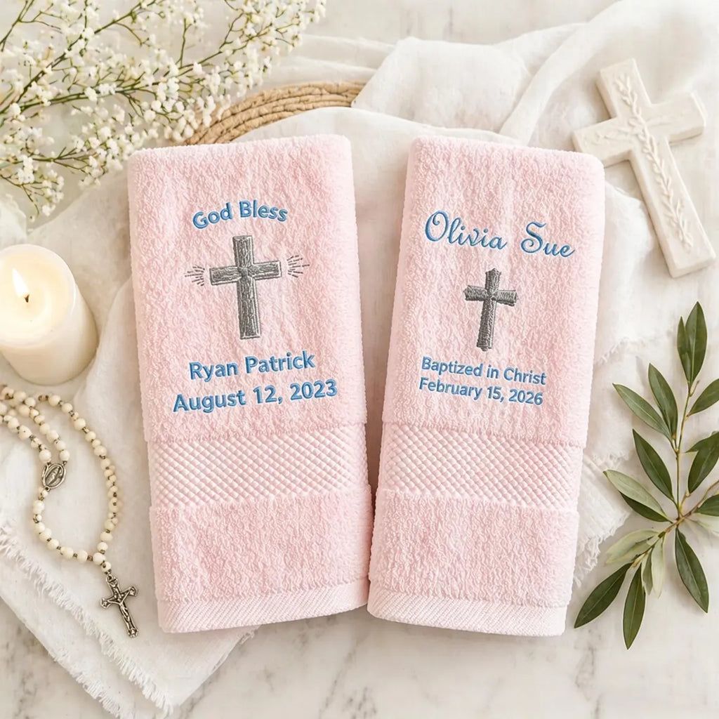 Personalized baptism towel with embroidered name and date, alternate product view 2