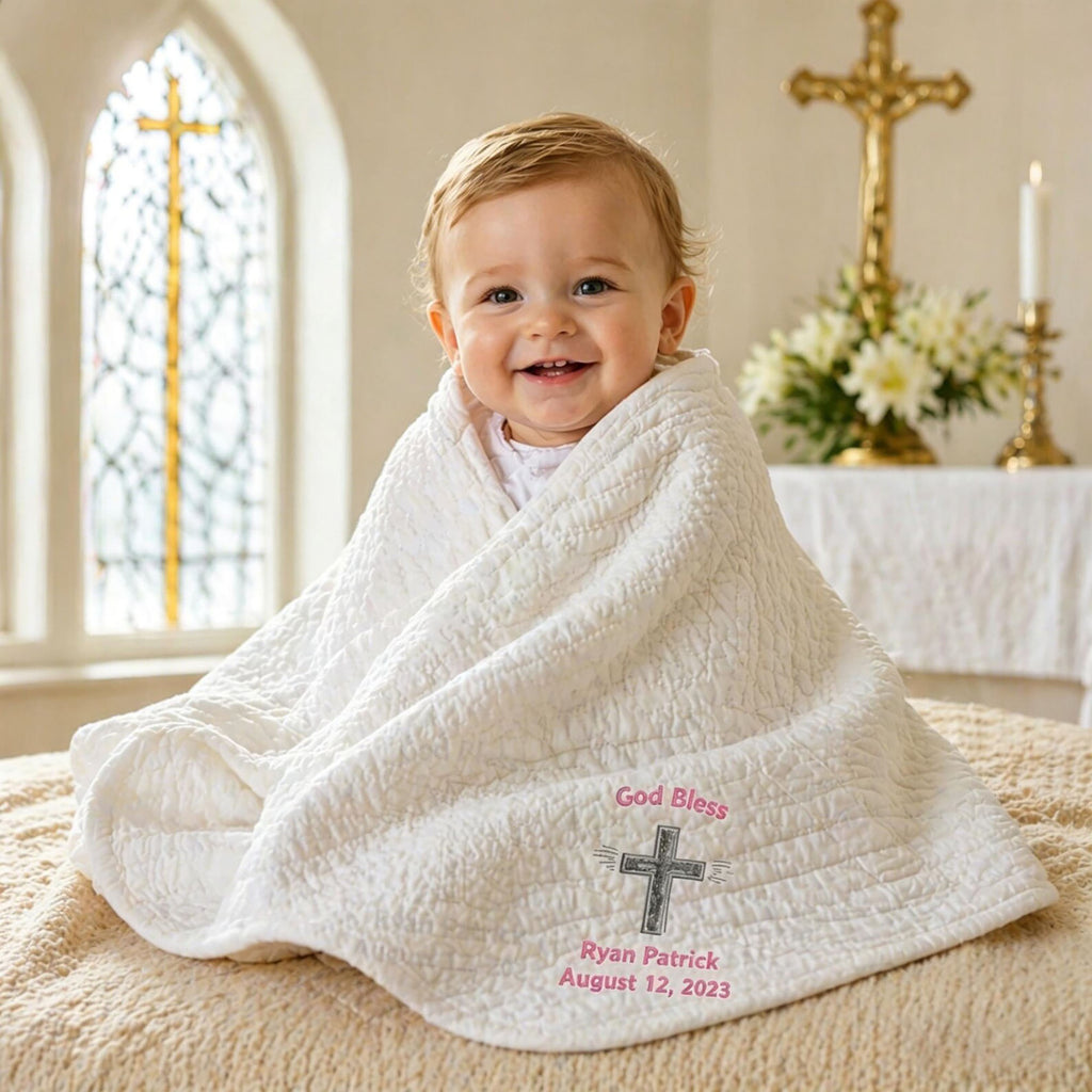 Personalized Embroidered Baby Blanket | Baptism & Christening Keepsake Gift for Newborn Baby Boy & Girl