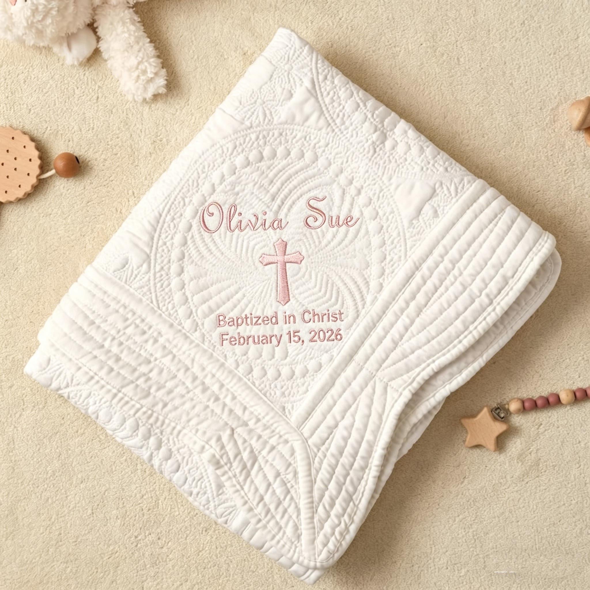 Personalized Embroidered Baby Blanket | Custom Baptism & Christening Keepsake Gift for Newborn Baby Boy & Girl