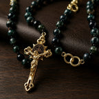 Natural Stone Catholic Rosary for Men, Handmade Green Gemstone Prayer Beads with Gold Crucifix, Catholic Faith Gift for Him
