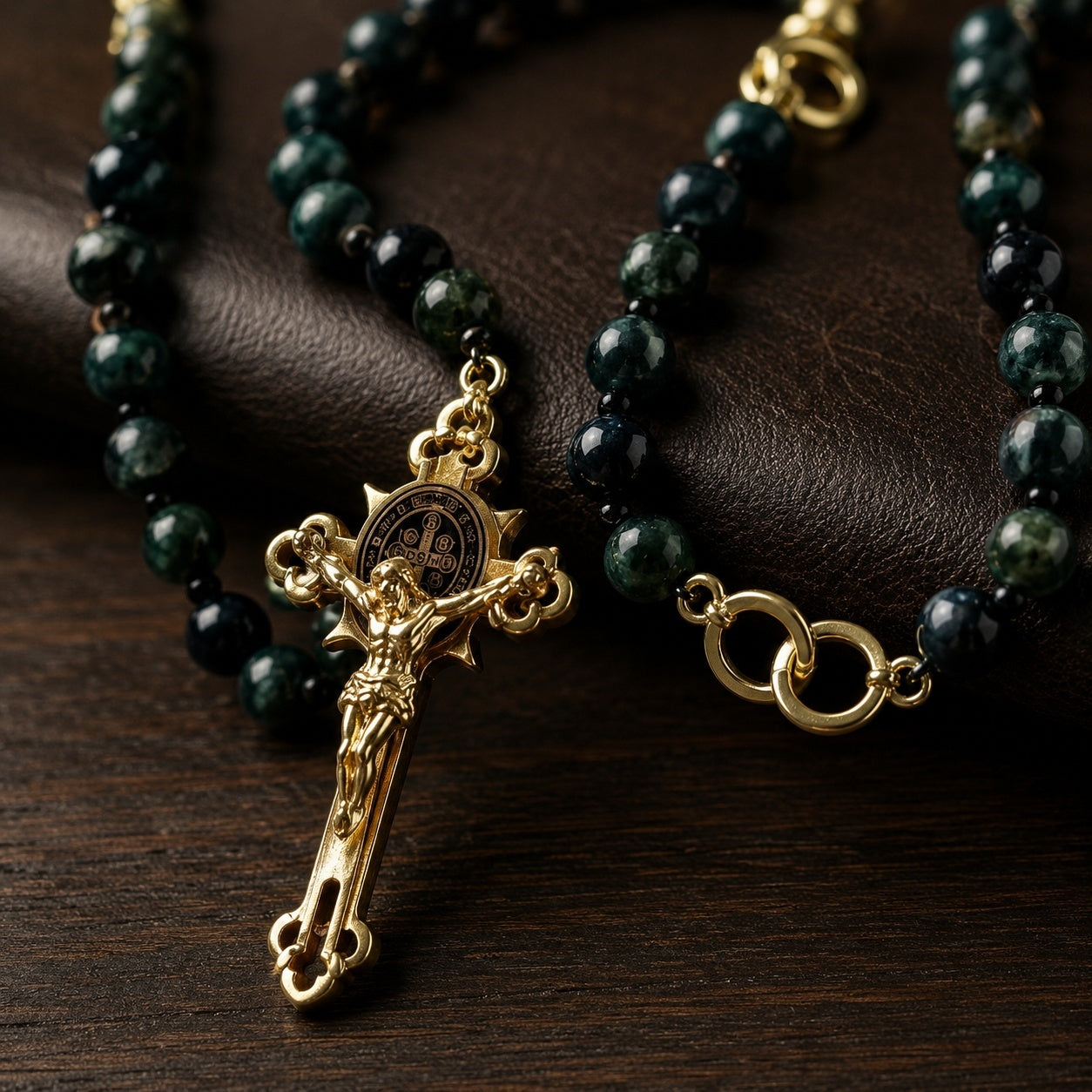 Natural Stone Catholic Rosary for Men, Handmade Green Gemstone Prayer Beads with Gold Crucifix, Catholic Faith Gift for Him