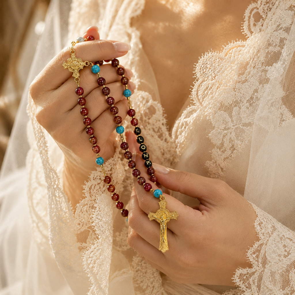 Red Wedding Rosary Beads for Bride, Catholic Bridal Bouquet Prayer Beads with Gold Crucifix, Love Rosary Wedding Gift