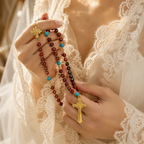 Red Wedding Rosary Beads for Bride, Catholic Bridal Bouquet Prayer Beads with Gold Crucifix, Love Rosary Wedding Gift