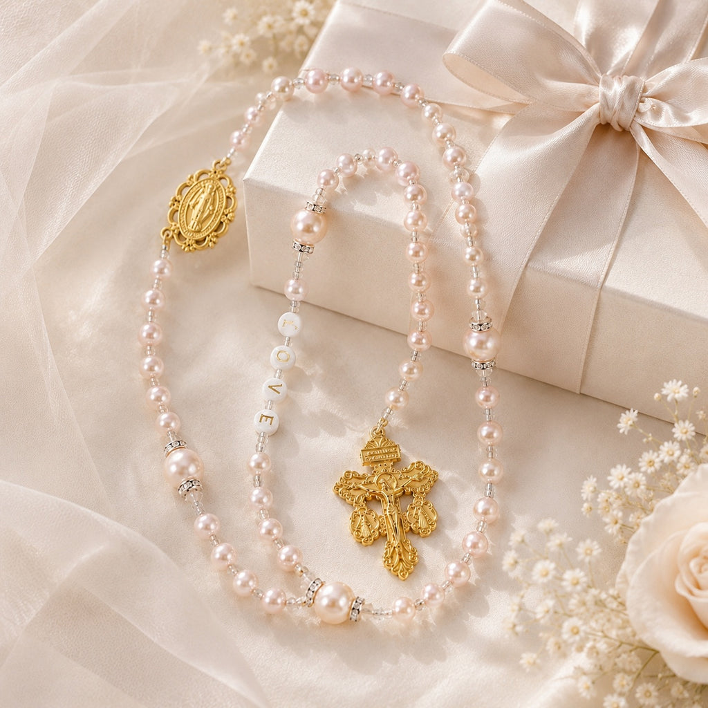 Catholic Wedding Rosary Pearl Bridal Bouquet Rosary for Bride Religious Wedding Gift Prayer Beads Keepsake