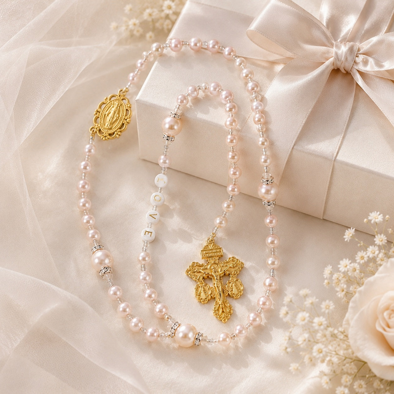 Catholic Wedding Rosary Pearl Bridal Bouquet Rosary for Bride Religious Wedding Gift Prayer Beads Keepsake