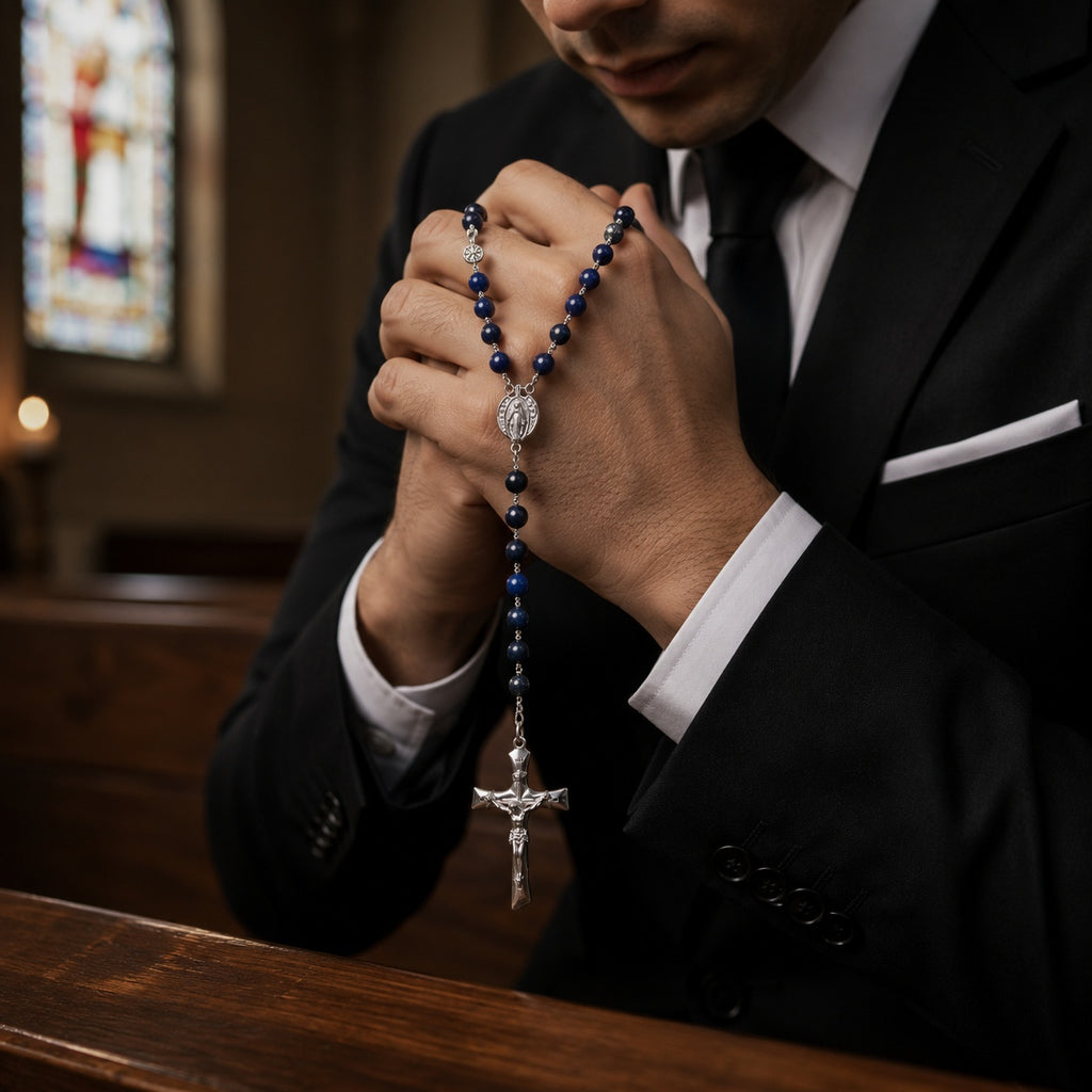 Deep blue Catholic wedding rosary with silver crucifix displayed on soft fabric, designed for bridal bouquets, groom prayer, and wedding day faith moments.
