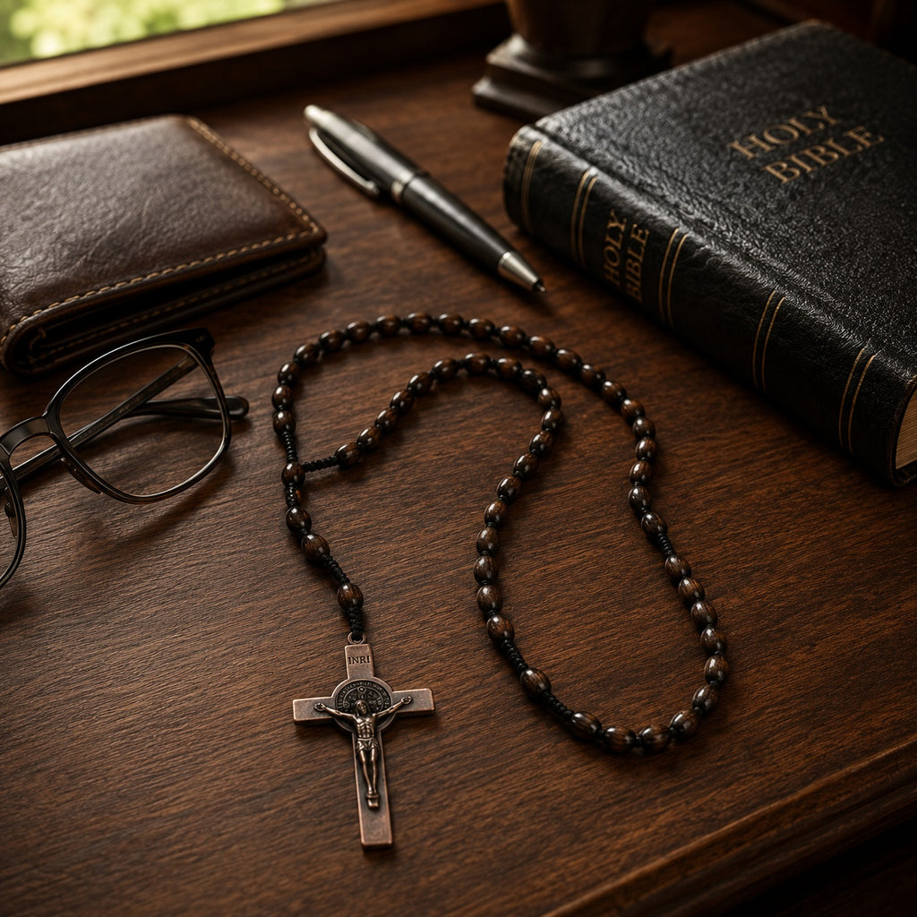 Men's Olive Wood Catholic Rosary, Handmade Prayer Beads with Crucifix, Traditional Christian Gift for Men