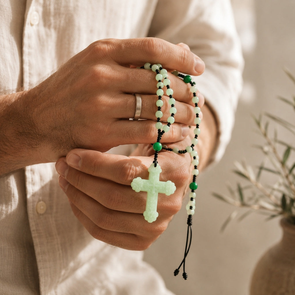 Men’s Catholic prayer beads with green jade-style beads, black cord details, and cross pendant designed as a groom wedding keepsake