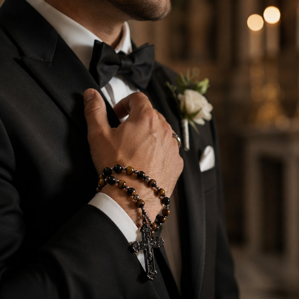 Catholic wedding rosary for groom featuring black beads and tiger eye stones with a dark crucifix, displayed as a meaningful men's faith gift for a Christian wedding ceremony.
