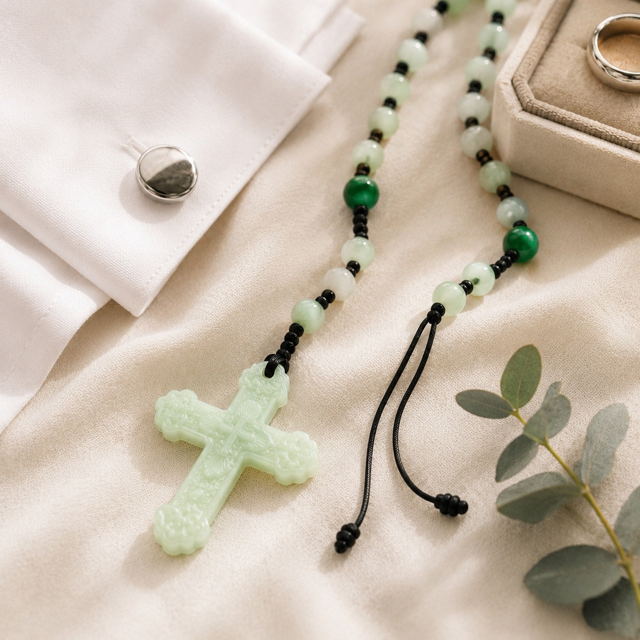 Catholic Wedding Rosary for Groom, Green Jade Style Prayer Beads, Men’s Religious Wedding Gift, Marriage Blessing Keepsake
