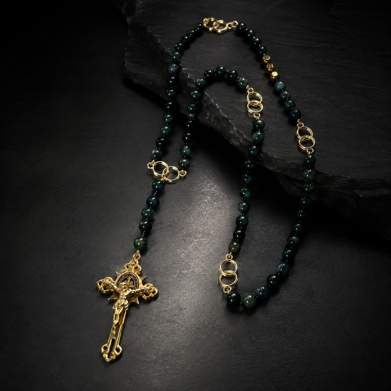 Natural Stone Catholic Rosary for Men, Handmade Green Gemstone Prayer Beads with Gold Crucifix, Catholic Faith Gift for Him