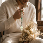 Catholic wedding rosary for groom displayed with soft floral styling, a meaningful faith gift for husband, fiancé, or newlywed