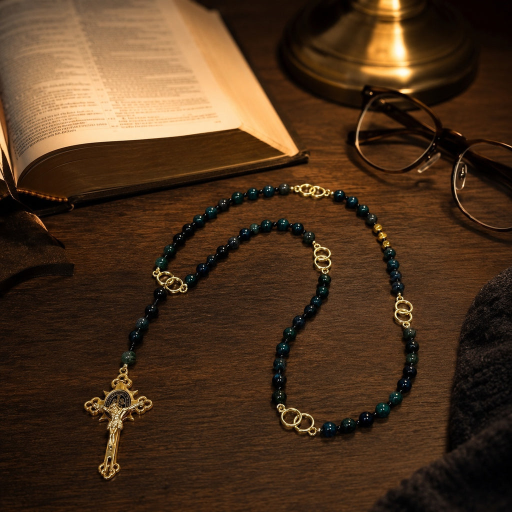 Green gemstone Catholic rosary for men displayed with a Bible and candle, representing faith, prayer, and spiritual devotion