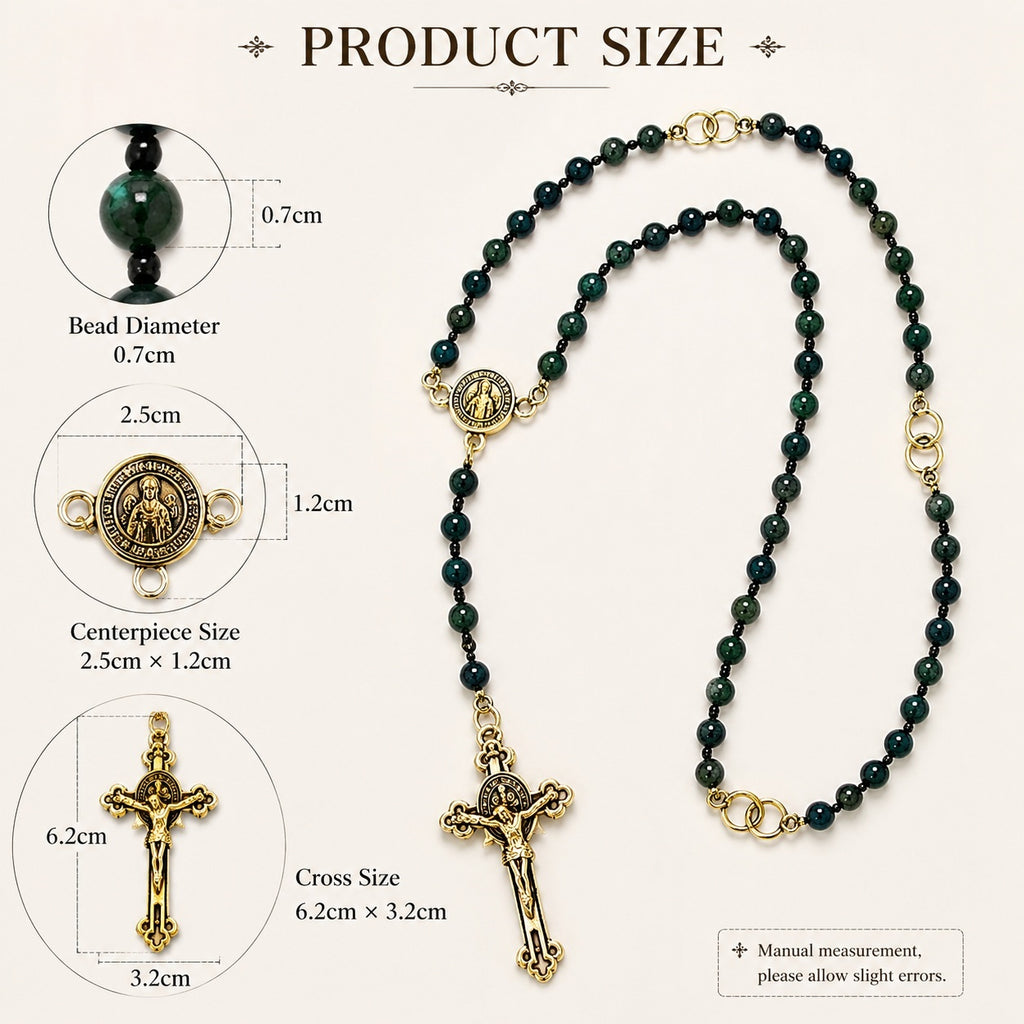 Natural Stone Catholic Rosary for Men, Handmade Green Gemstone Prayer Beads with Gold Crucifix, Catholic Faith Gift for Him