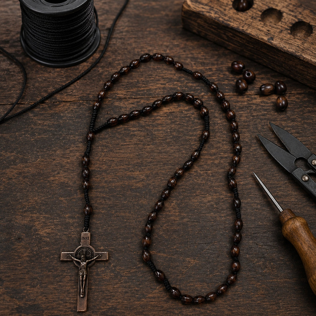 Men's Olive Wood Catholic Rosary, Handmade Prayer Beads with Crucifix, Traditional Christian Gift for Men