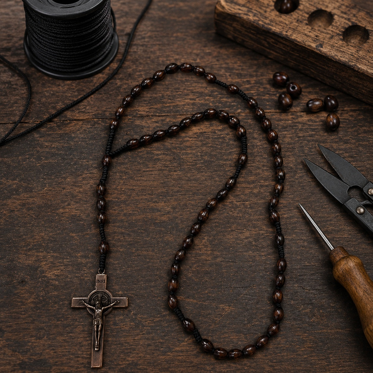 Men's Olive Wood Catholic Rosary, Handmade Prayer Beads with Crucifix, Traditional Christian Gift for Men