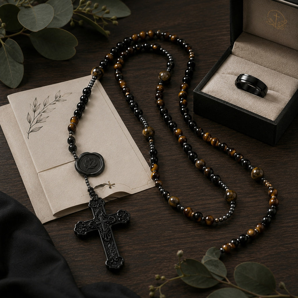 Catholic Wedding Rosary for Groom, Men's Black Rosary with Tiger Eye Beads, Christian Wedding Gift, Marriage Blessing Keepsake