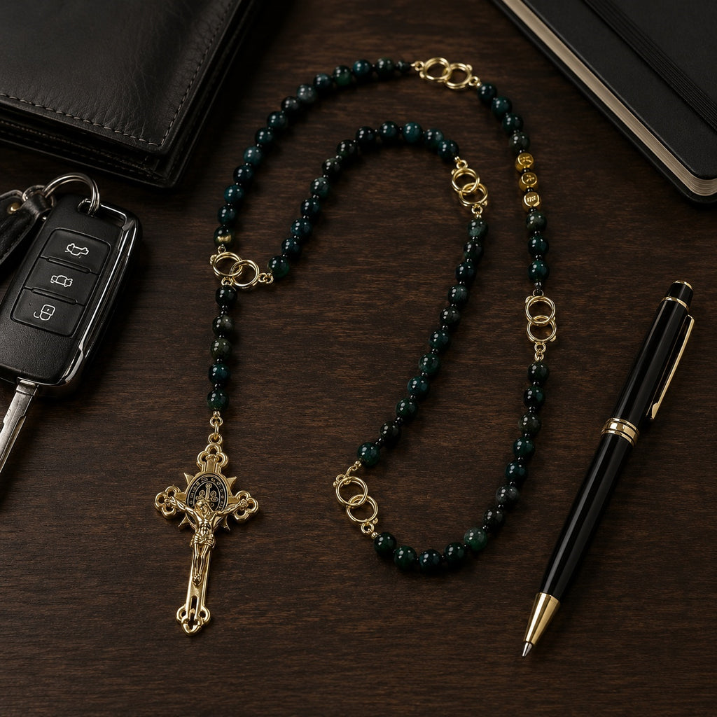 Natural Stone Catholic Rosary for Men, Handmade Green Gemstone Prayer Beads with Gold Crucifix, Catholic Faith Gift for Him