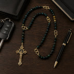 Natural Stone Catholic Rosary for Men, Handmade Green Gemstone Prayer Beads with Gold Crucifix, Catholic Faith Gift for Him
