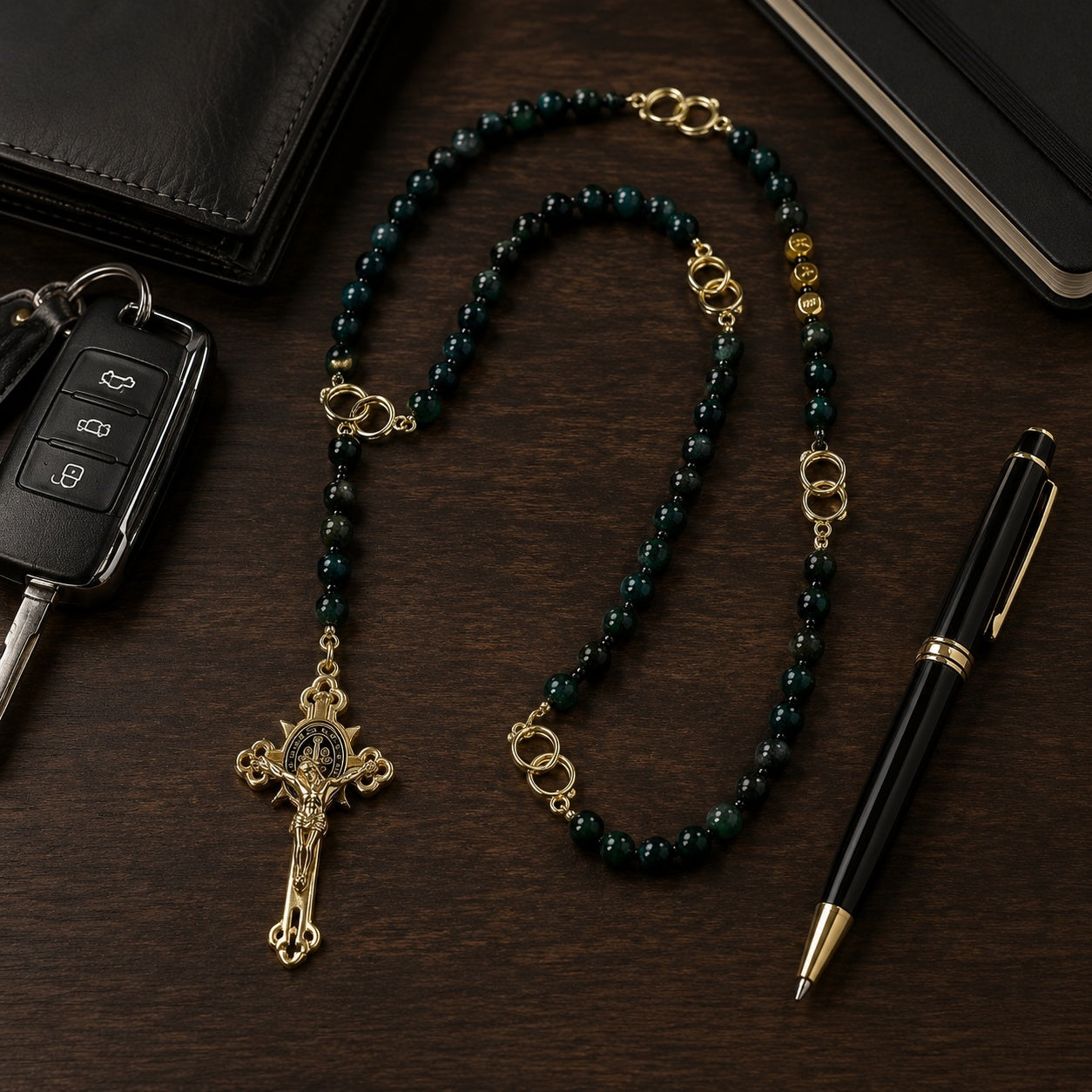 Natural Stone Catholic Rosary for Men, Handmade Green Gemstone Prayer Beads with Gold Crucifix, Catholic Faith Gift for Him